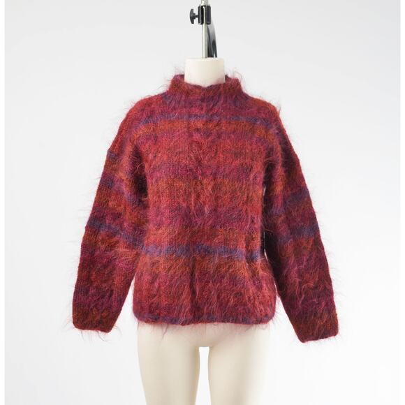 Vintage Burgundy Hand Knit Shaggy Mohair Striped Sweater size M - Picture 2 of 7